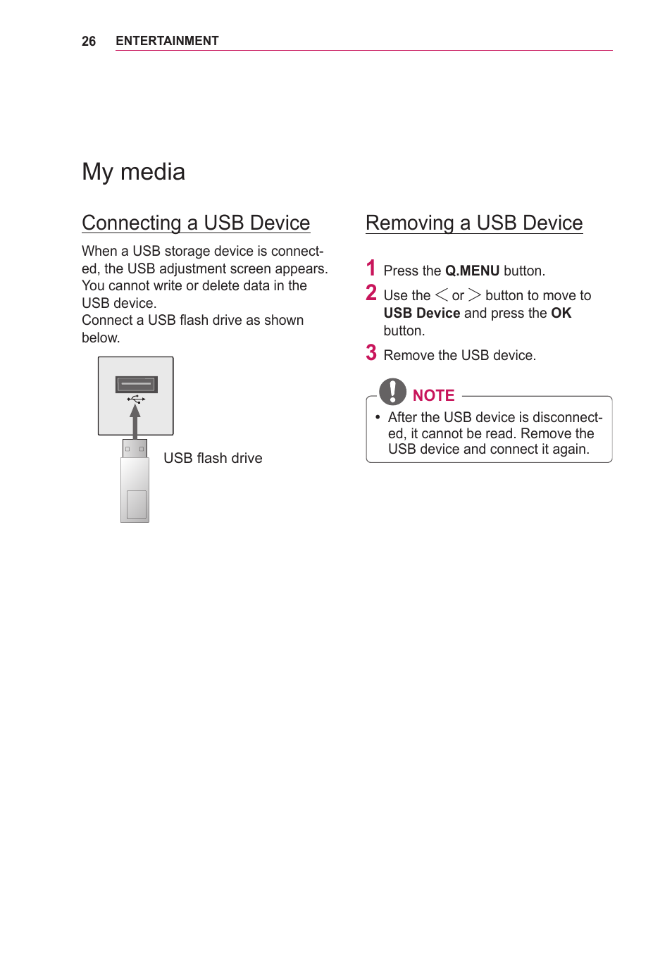 My media, Connecting a usb device, Removing a usb device | LG BG630 User Manual | Page 26 / 69