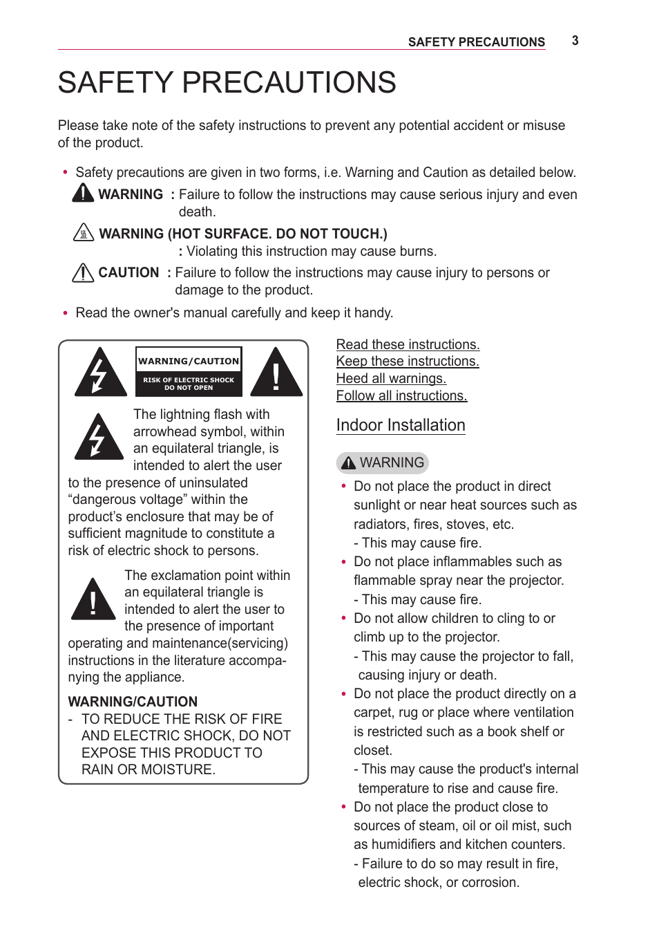 Safety precautions, Indoor installation | LG BG630 User Manual | Page 3 / 69