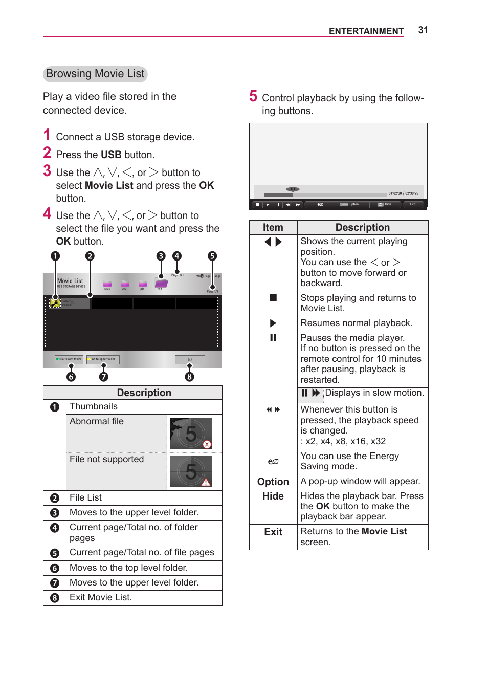 Browsing movie list, Play a video file stored in the connected device, Connect a usb storage device | Press the usb button, Description, Control playback by using the follow- ing buttons, Item description, Option, Hide, Exit | LG BG630 User Manual | Page 31 / 69