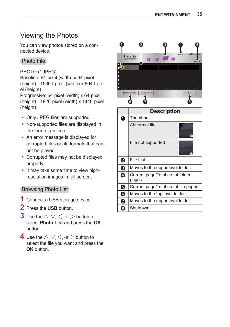 Viewing the photos, Photo file, Browsing photo list | Description | LG BG630 User Manual | Page 35 / 69