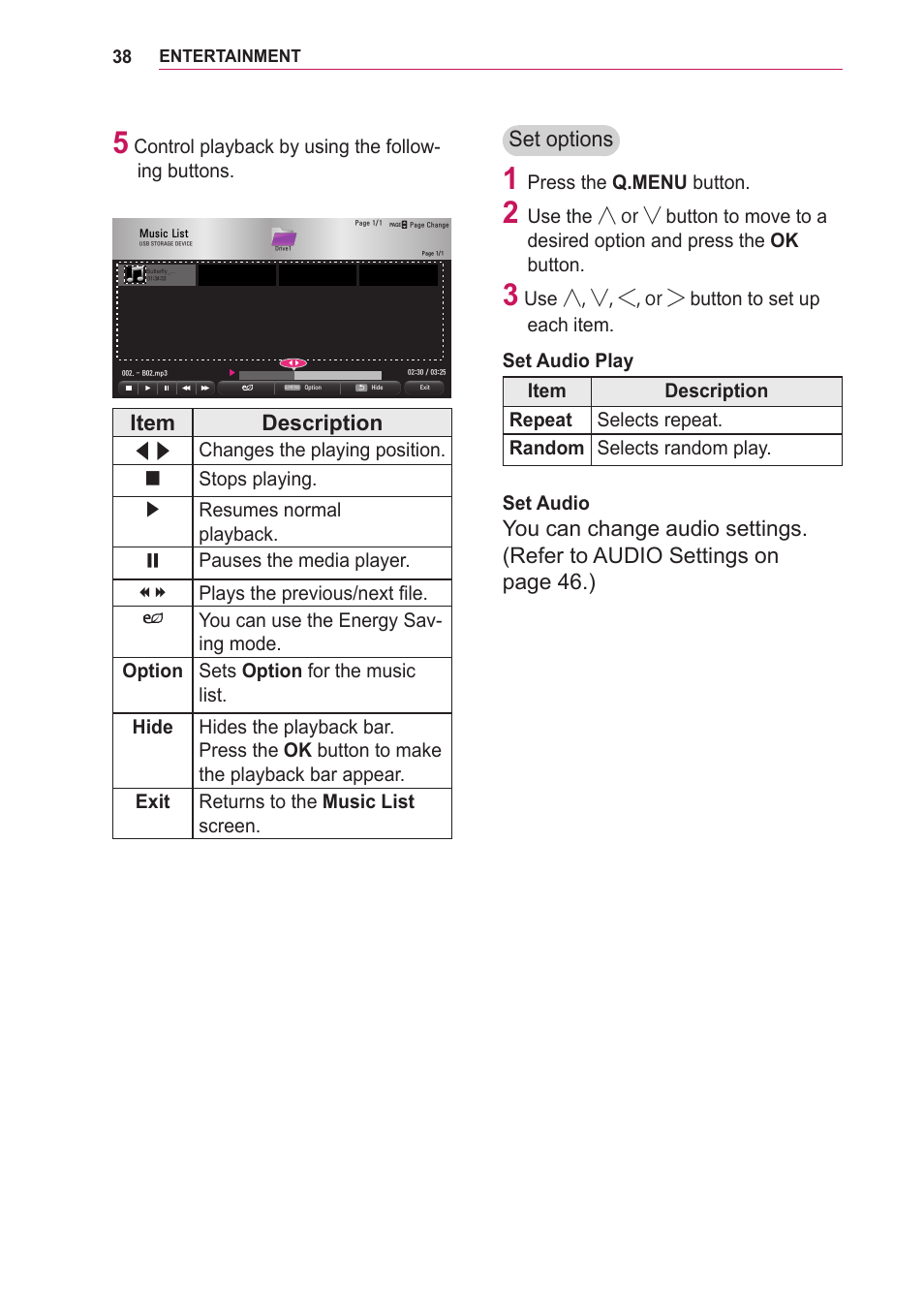 Item description, Set options | LG BG630 User Manual | Page 38 / 69