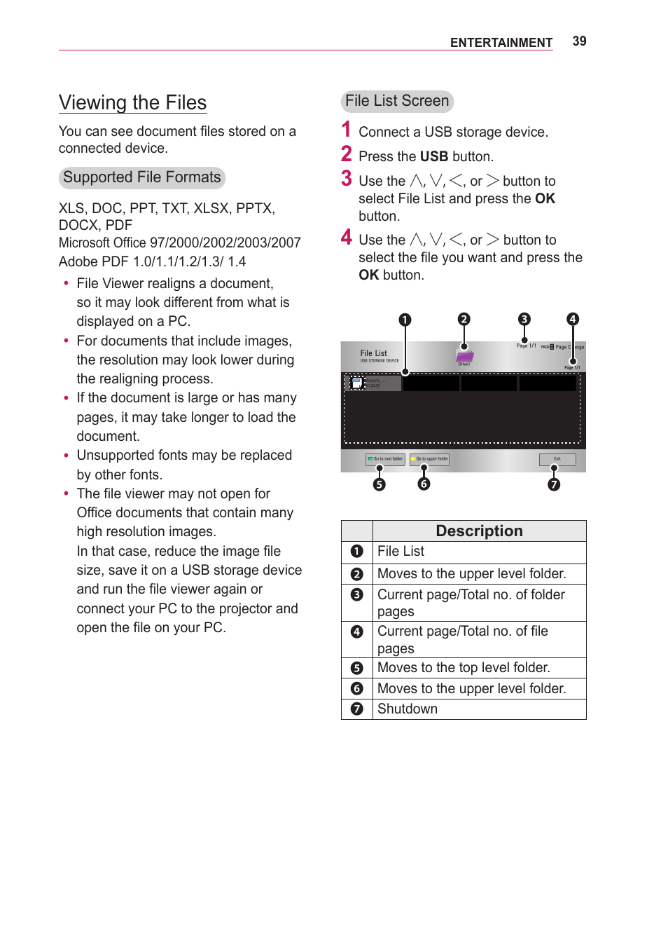 Viewing the files, File list screen, Description | Supported file formats | LG BG630 User Manual | Page 39 / 69