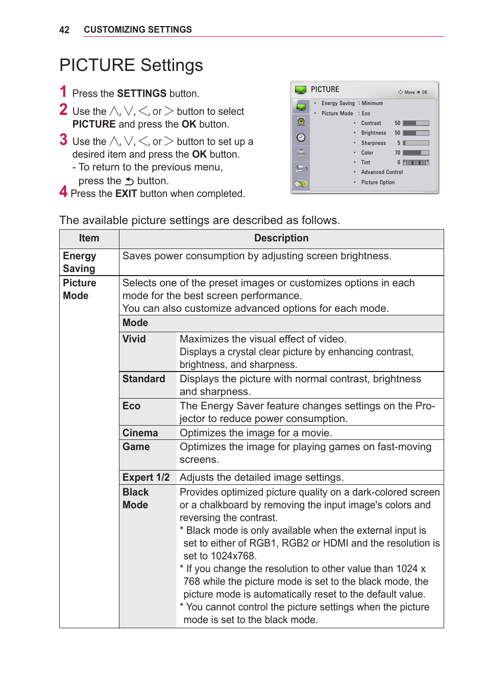 Picture settings | LG BG630 User Manual | Page 42 / 69