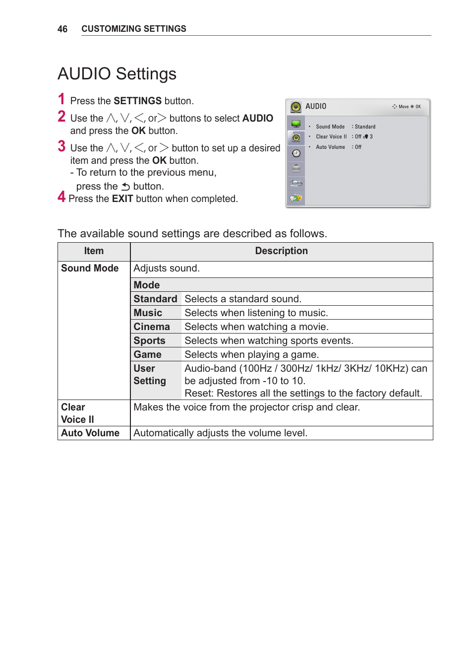 Audio settings | LG BG630 User Manual | Page 46 / 69