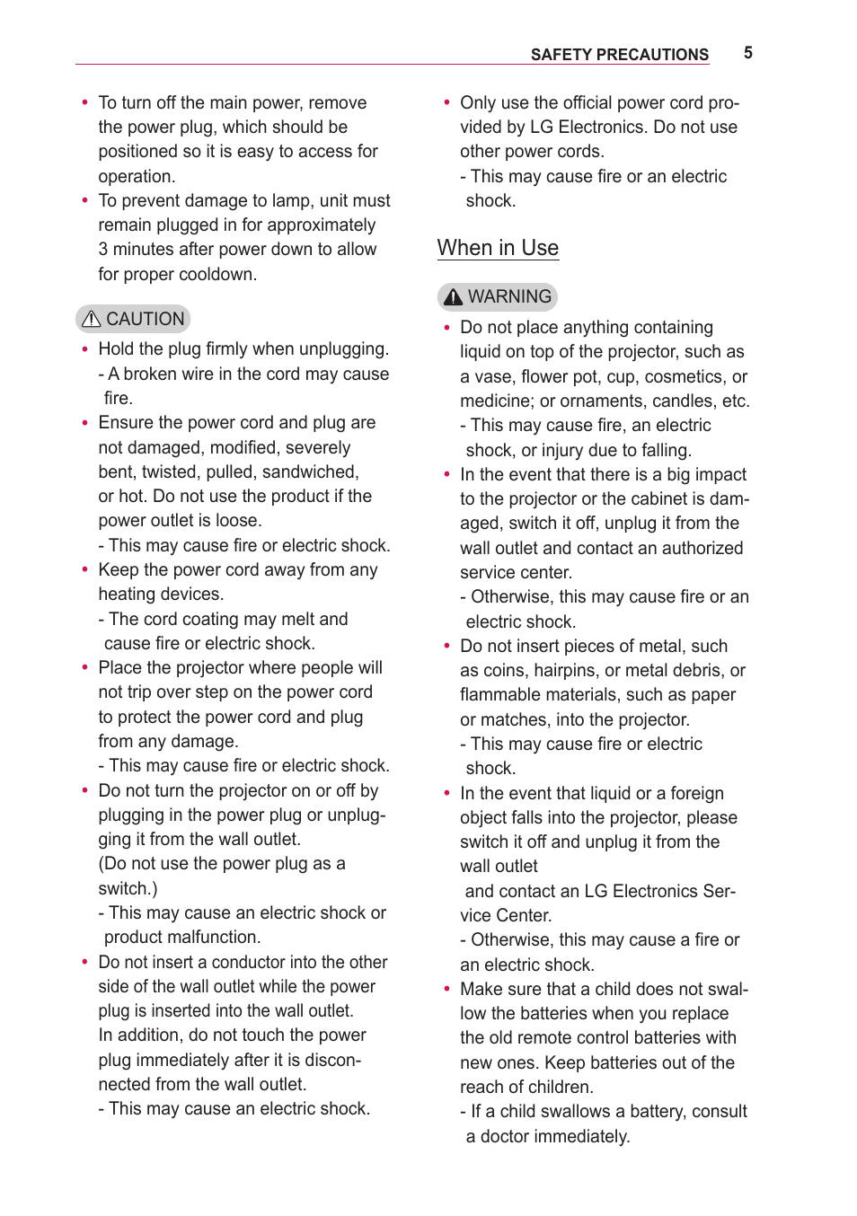 When in use | LG BG630 User Manual | Page 5 / 69