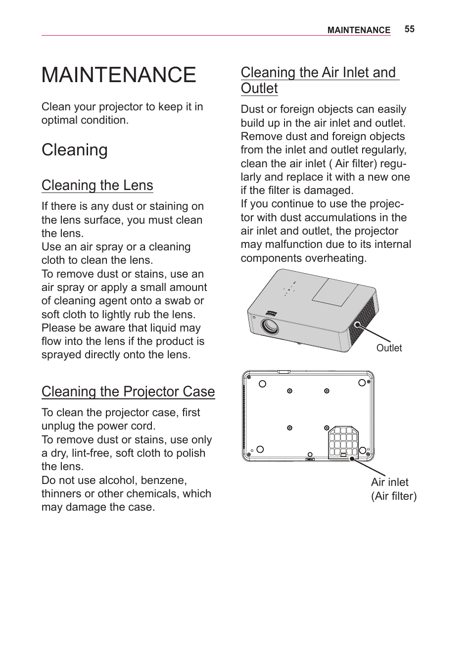 Maintenance, Cleaning, Cleaning the lens | Cleaning the projector case, Cleaning the air inlet and outlet, Cleaning the air inlet and outlet 55 | LG BG630 User Manual | Page 55 / 69