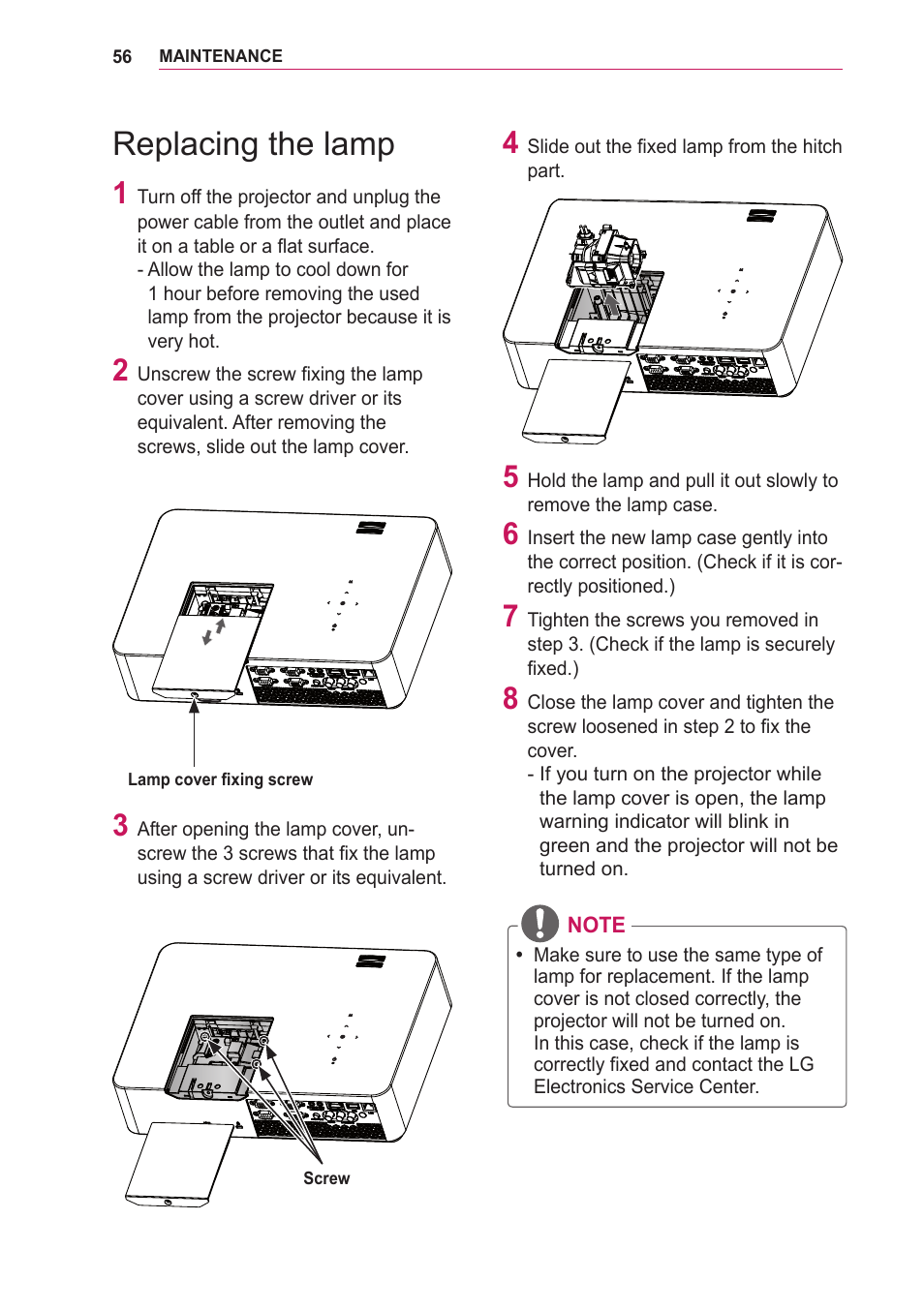 Replacing the lamp | LG BG630 User Manual | Page 56 / 69