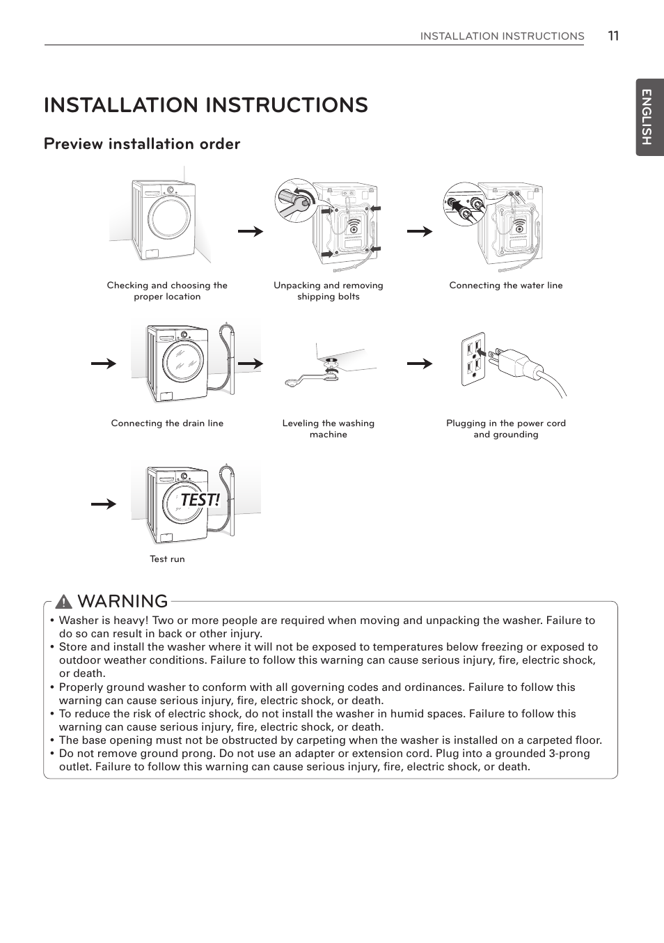 Installation instructions, Warning, Preview installation order | LG WM3570HVA User Manual | Page 11 / 96