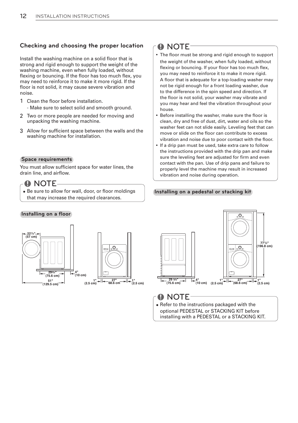 Checking and choosing the proper location, Space requirements, Installing on a floor | Installing on a pedestal or stacking kit | LG WM3570HVA User Manual | Page 12 / 96
