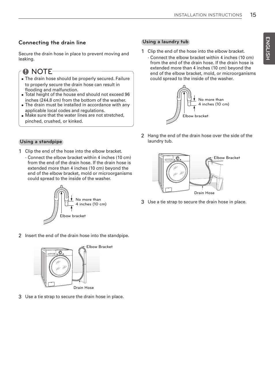 Connecting the drain line | LG WM3570HVA User Manual | Page 15 / 96