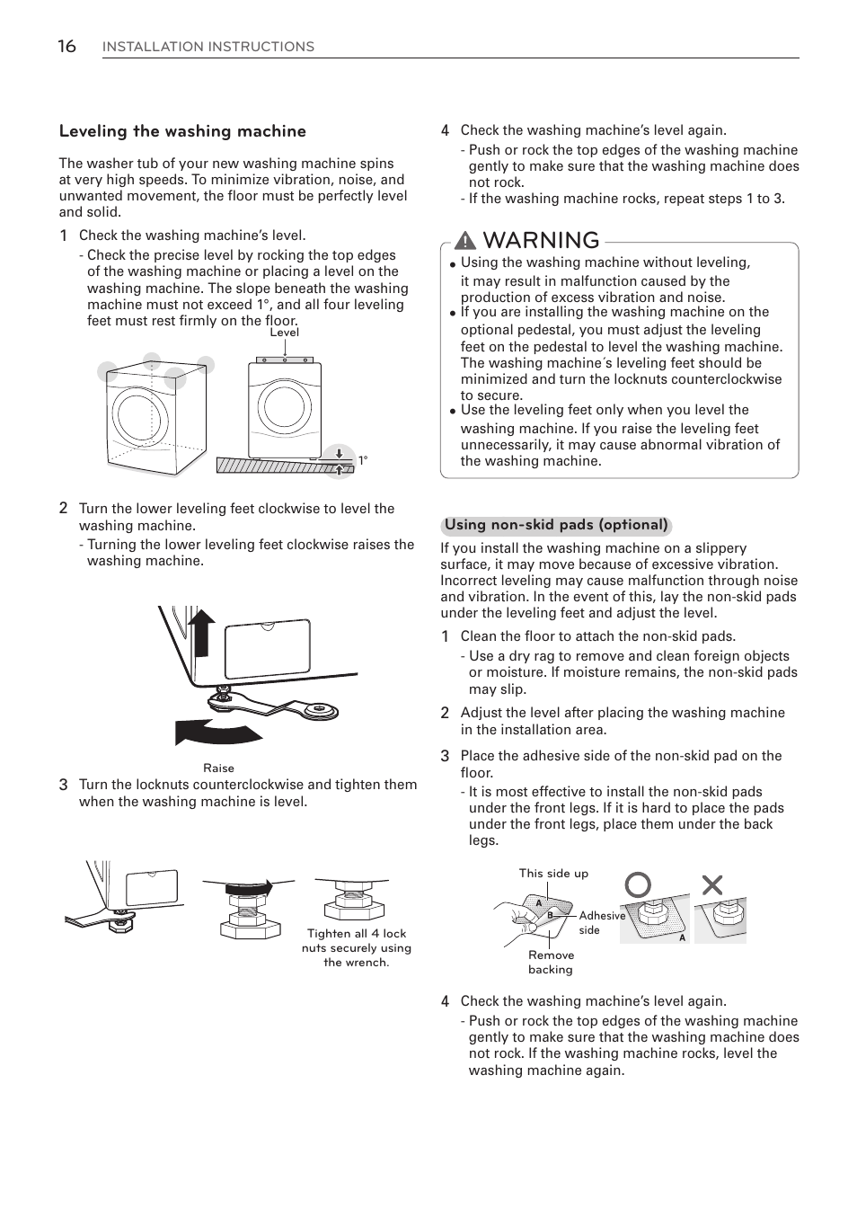 Warning, Leveling the washing machine | LG WM3570HVA User Manual | Page 16 / 96