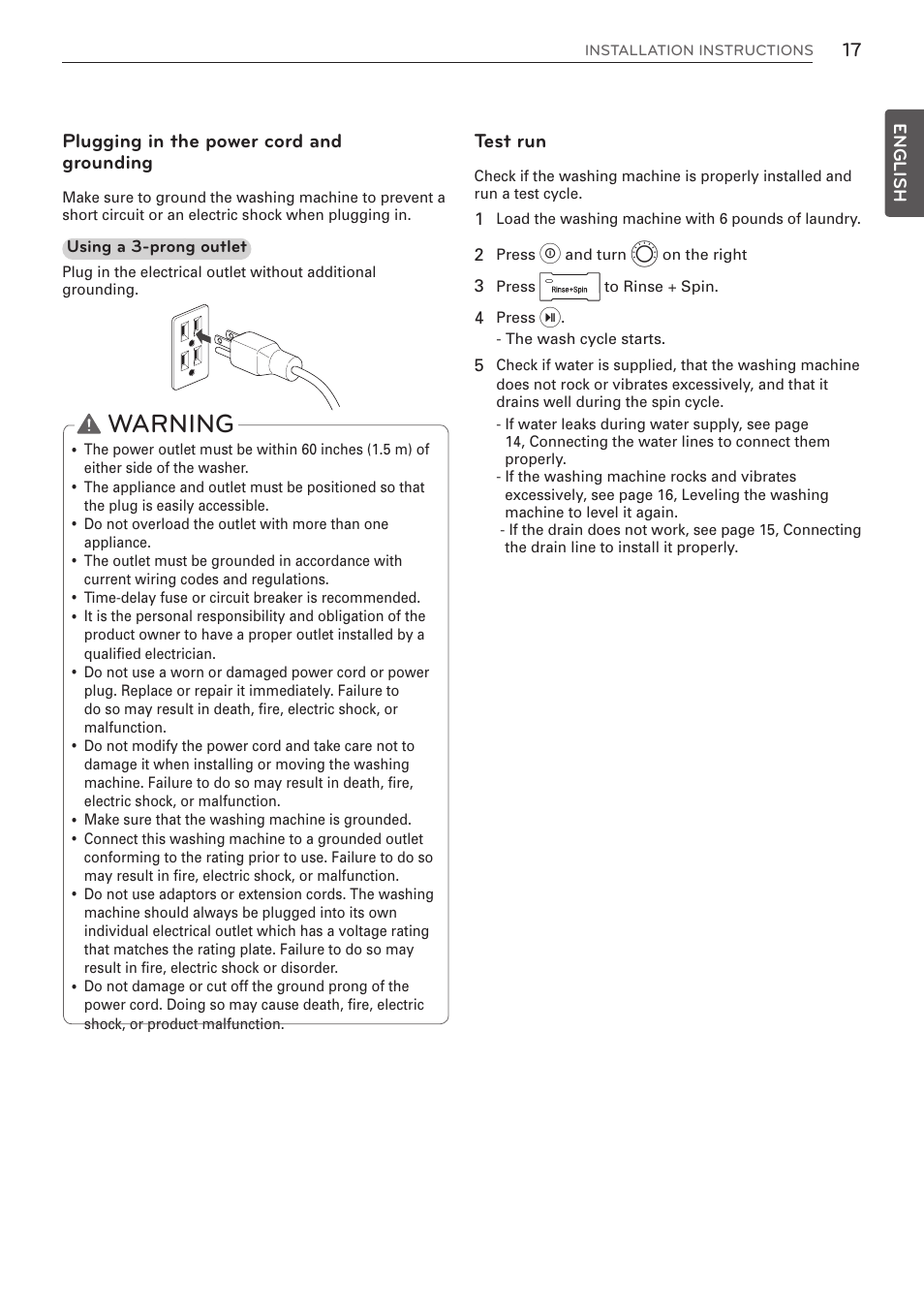 Warning, Plugging in the power cord and grounding, Test run | LG WM3570HVA User Manual | Page 17 / 96