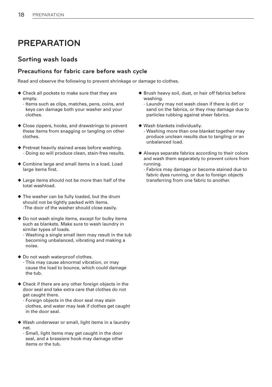 Preparation, Sorting wash loads, Precautions for fabric care before wash cycle | LG WM3570HVA User Manual | Page 18 / 96