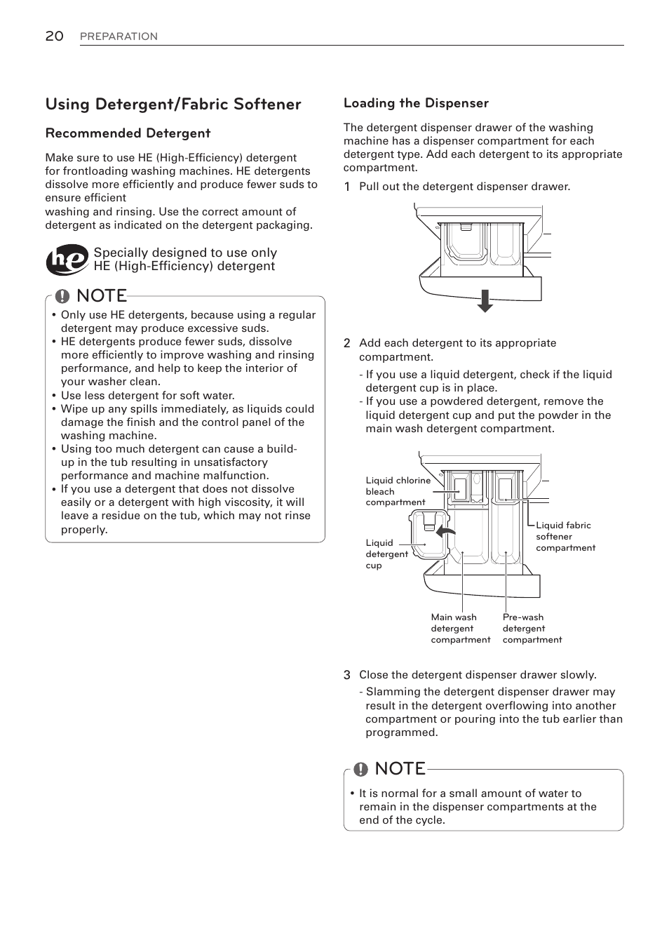 Using detergent/fabric softener, Loading the dispenser, Recommended detergent | LG WM3570HVA User Manual | Page 20 / 96