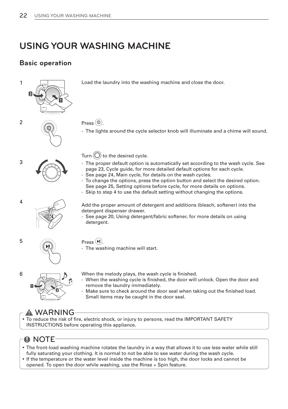 Using your washing machine, Warning, Basic operation | LG WM3570HVA User Manual | Page 22 / 96