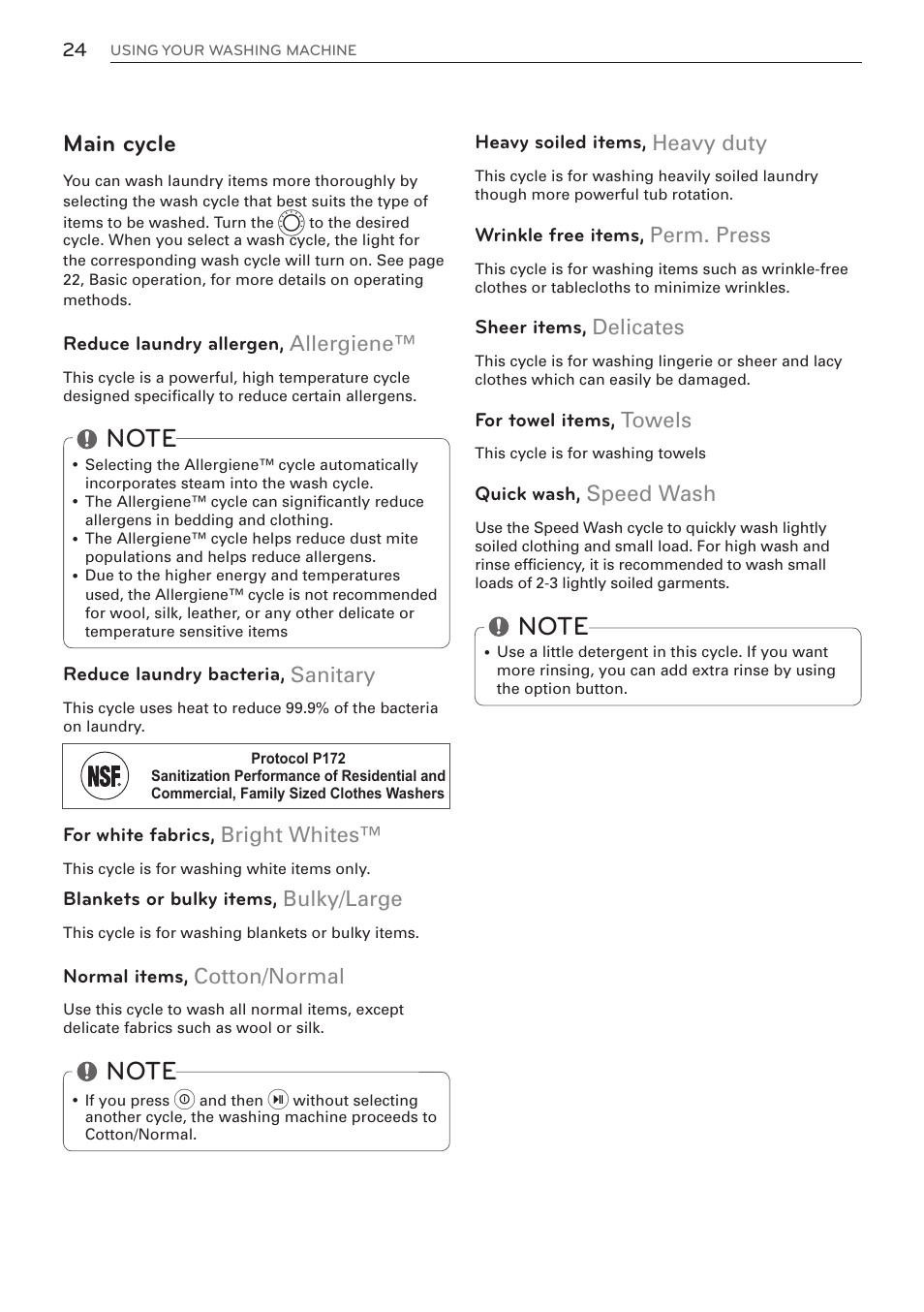 Main cycle, Heavy duty, Perm. press | Delicates, Towels, Speed wash, Allergiene, Sanitary, Bright whites, Bulky/large | LG WM3570HVA User Manual | Page 24 / 96