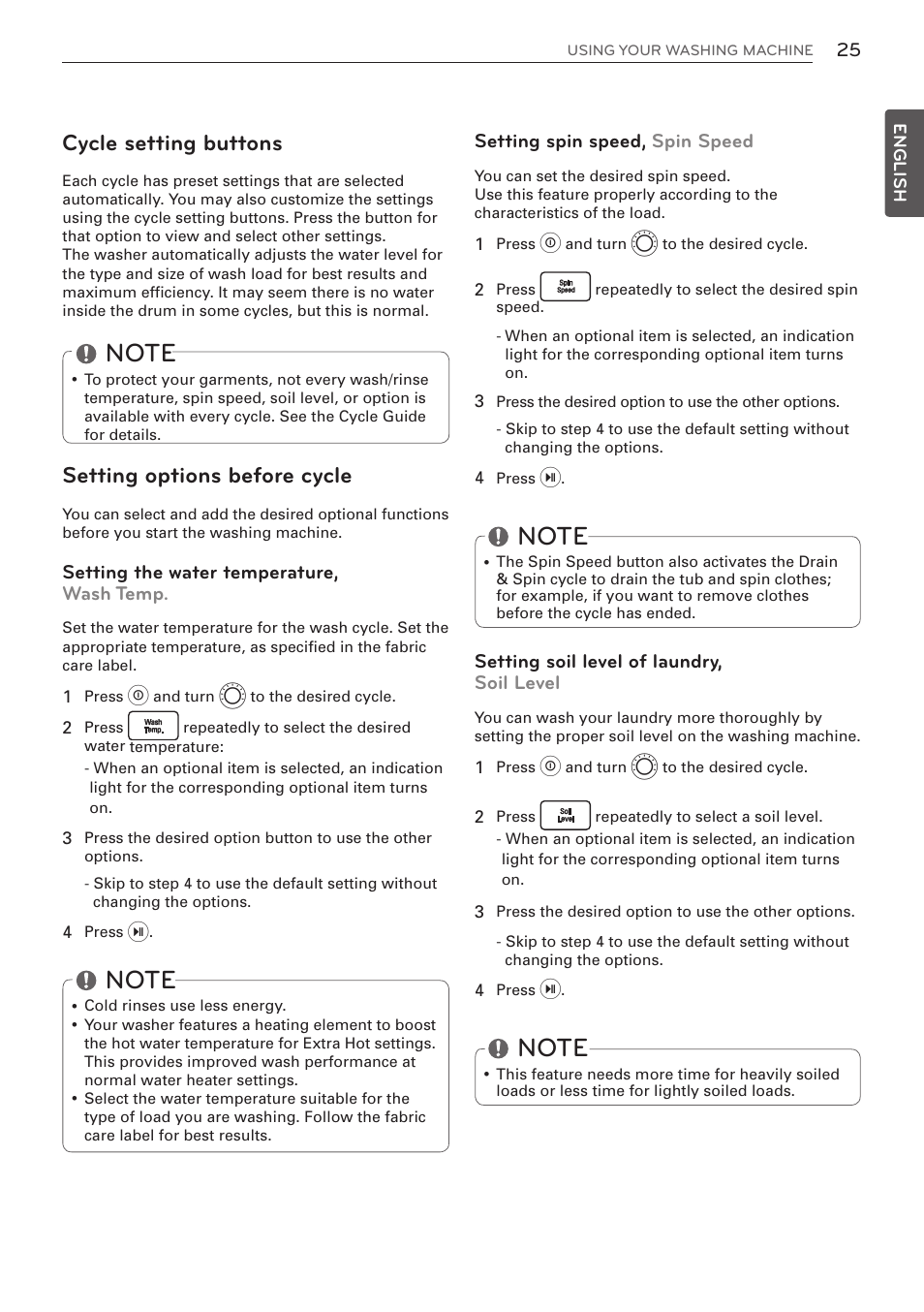 Cycle setting buttons, Setting options before cycle | LG WM3570HVA User Manual | Page 25 / 96