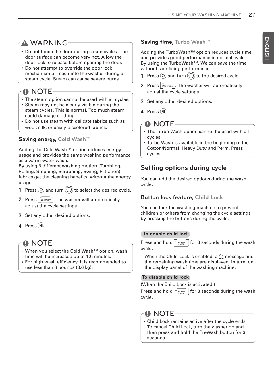 Warning, Setting options during cycle, Saving energy, cold wash | Saving time, turbo wash, Button lock feature, child lock | LG WM3570HVA User Manual | Page 27 / 96