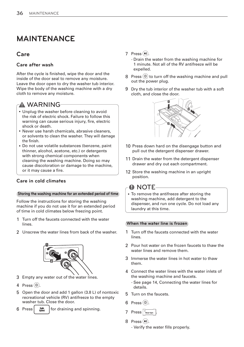 Maintenance, Warning, Care | Care after wash, Care in cold climates | LG WM3570HVA User Manual | Page 36 / 96