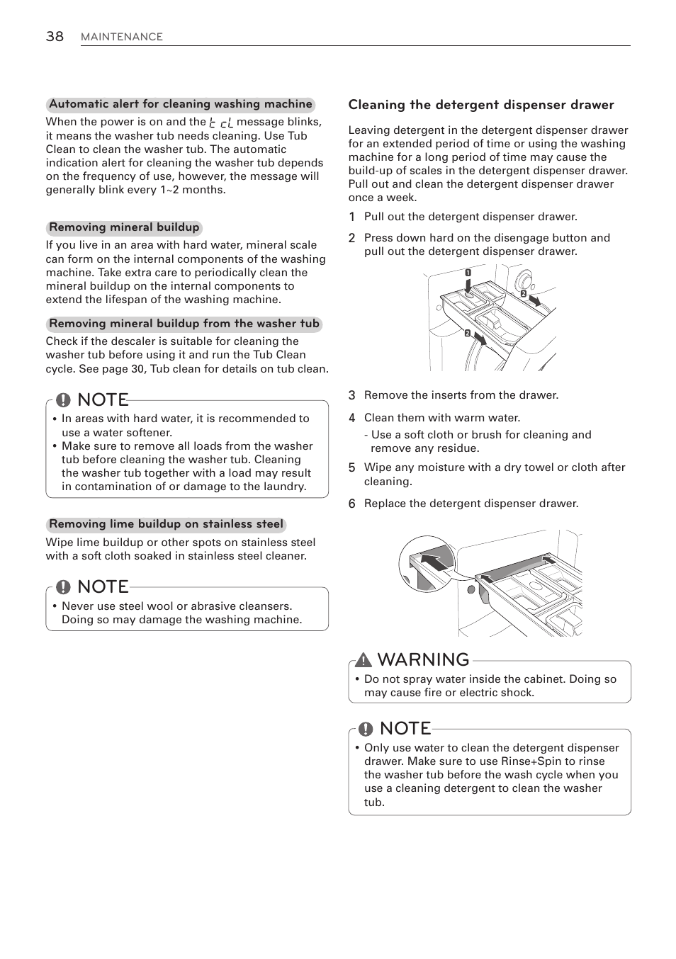 Warning, Cleaning the detergent dispenser drawer | LG WM3570HVA User Manual | Page 38 / 96
