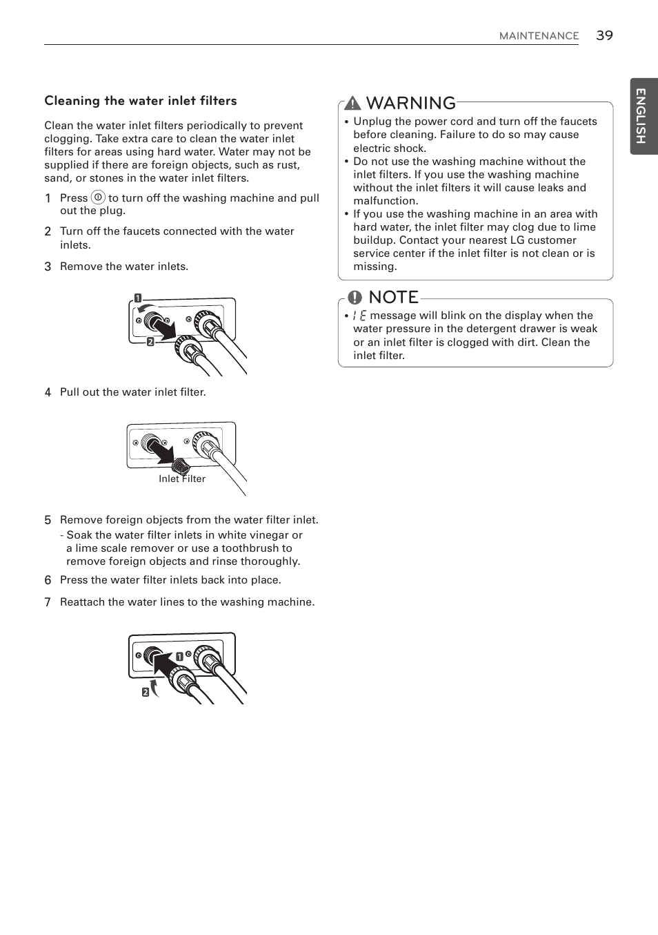 Warning, Cleaning the water inlet filters | LG WM3570HVA User Manual | Page 39 / 96