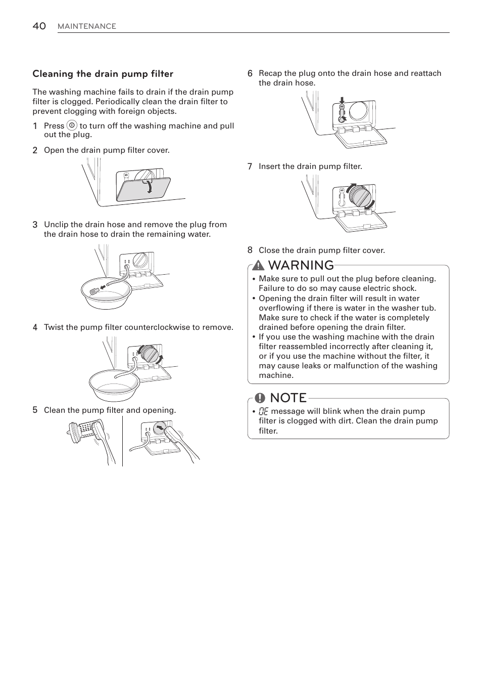 Warning, Cleaning the drain pump filter | LG WM3570HVA User Manual | Page 40 / 96