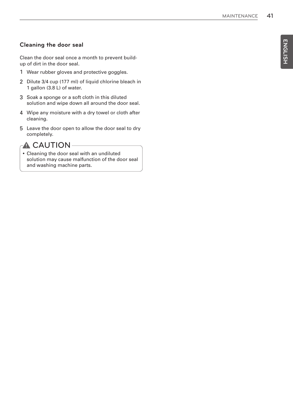 Caution, Cleaning the door seal | LG WM3570HVA User Manual | Page 41 / 96