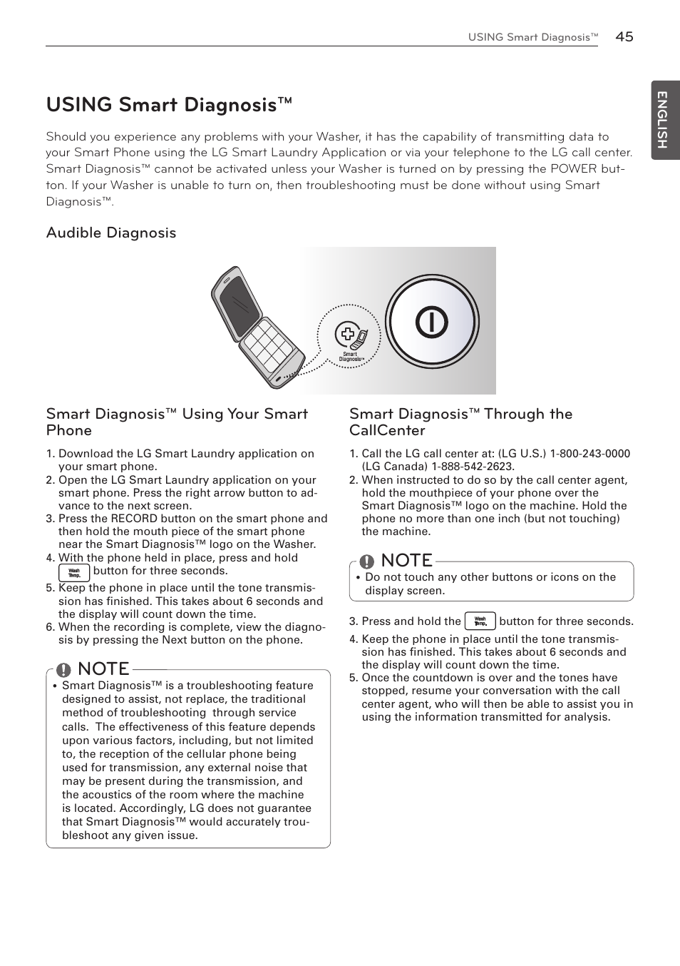 Using smart diagnosis, Smart diagnosis™ through the callcenter | LG WM3570HVA User Manual | Page 45 / 96
