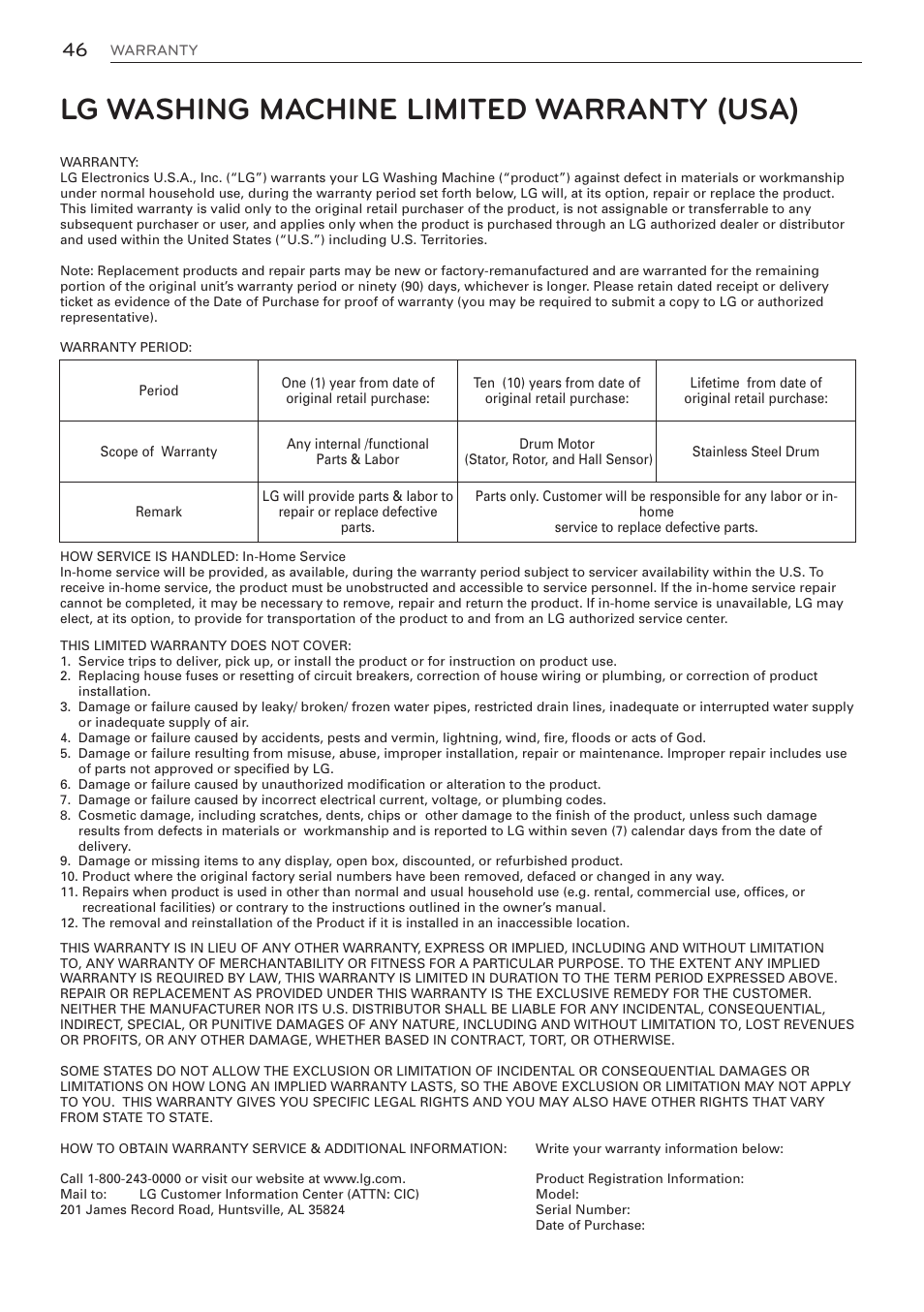 Lg washing machine limited warranty (usa) | LG WM3570HVA User Manual | Page 46 / 96