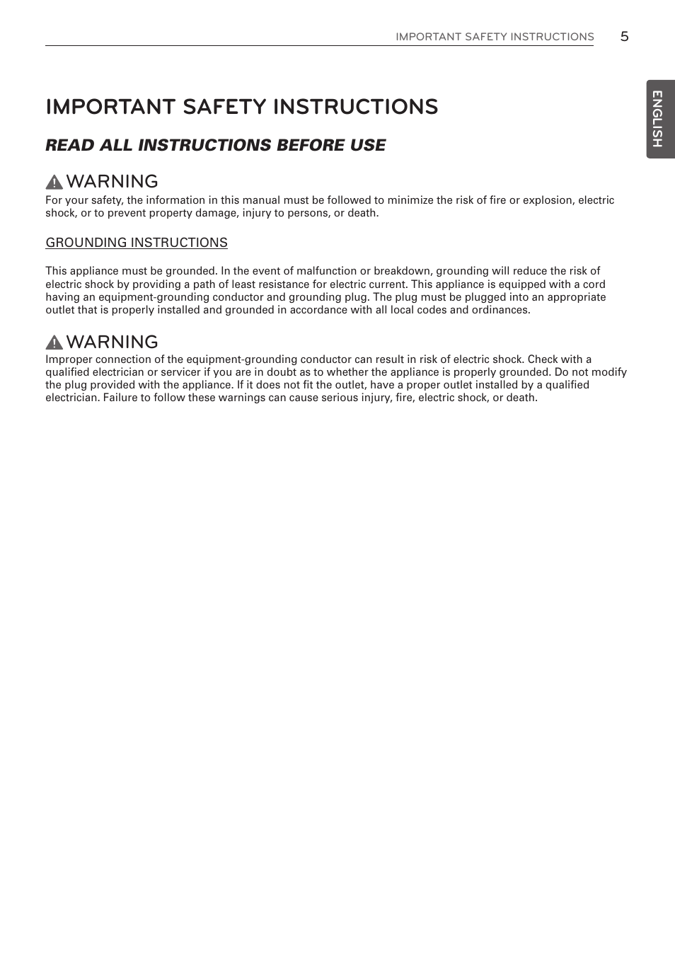 Important safety instructions, Warning, Read all instructions before use | LG WM3570HVA User Manual | Page 5 / 96