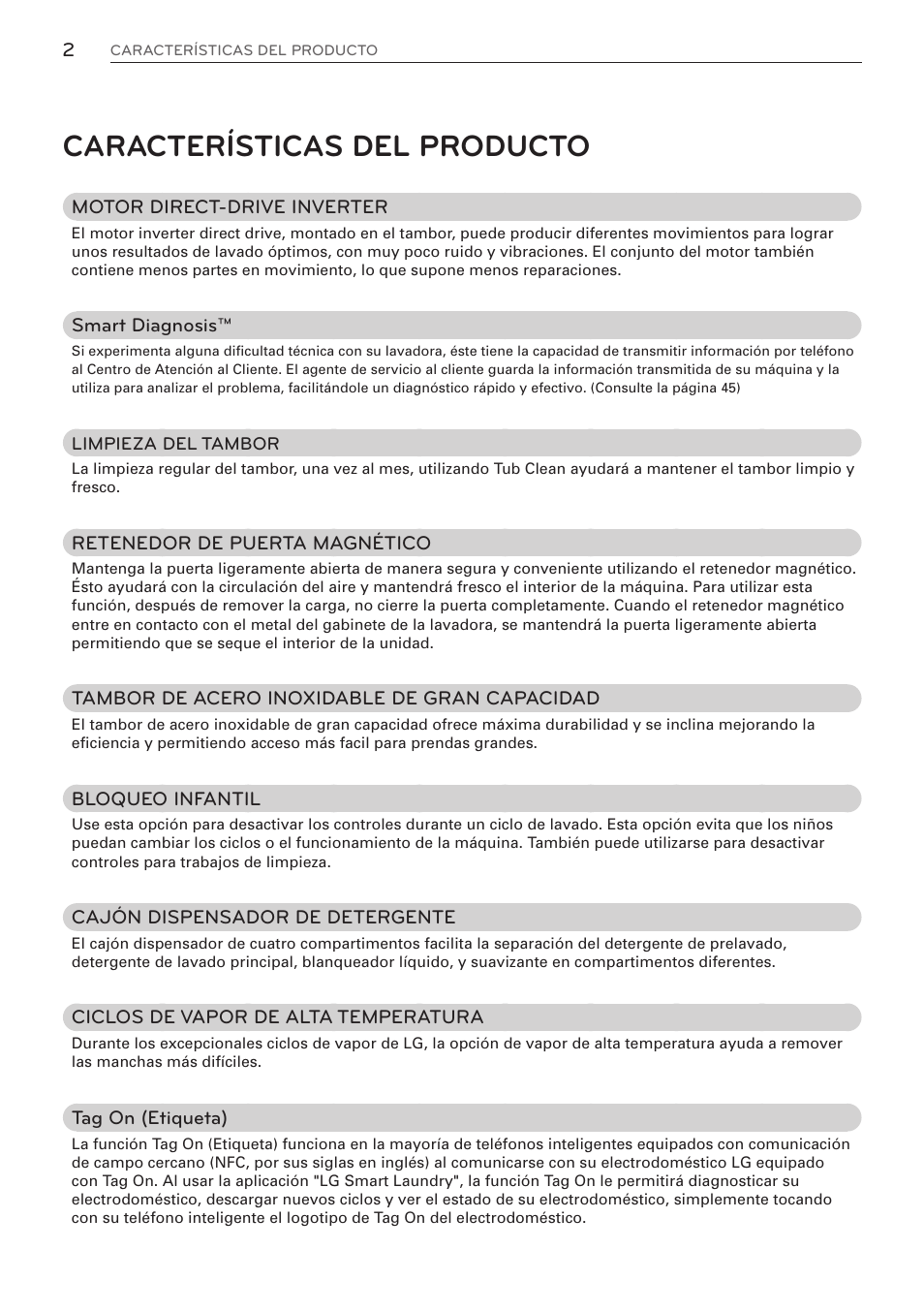 Características del producto | LG WM3570HVA User Manual | Page 50 / 96