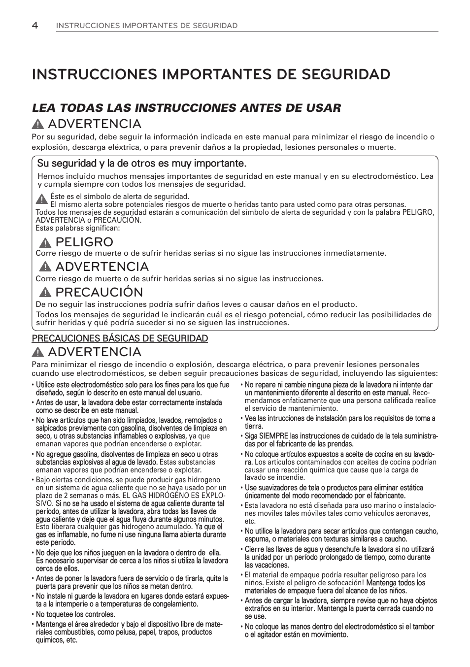 Instrucciones importantes de seguridad, Advertencia, Peligro | Precaución, Lea todas las instrucciones antes de usar, Su seguridad y la de otros es muy importante | LG WM3570HVA User Manual | Page 52 / 96