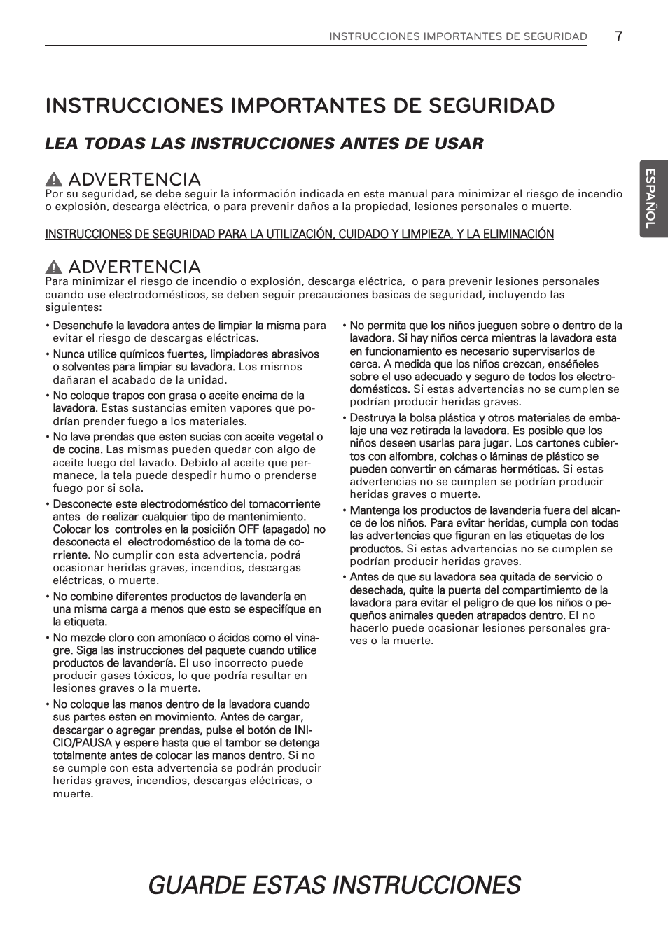 Guarde estas instrucciones, Instrucciones importantes de seguridad, Advertencia | Lea todas las instrucciones antes de usar | LG WM3570HVA User Manual | Page 55 / 96