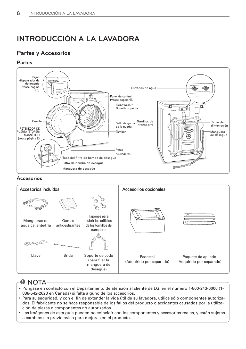 Introducción a la lavadora, Nota, Partes y accesorios | Accesorios, Partes | LG WM3570HVA User Manual | Page 56 / 96