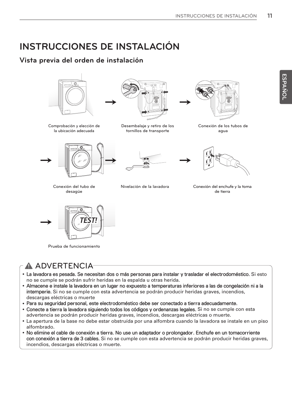 Instrucciones de instalación, Advertencia, Vista previa del orden de instalación | LG WM3570HVA User Manual | Page 59 / 96