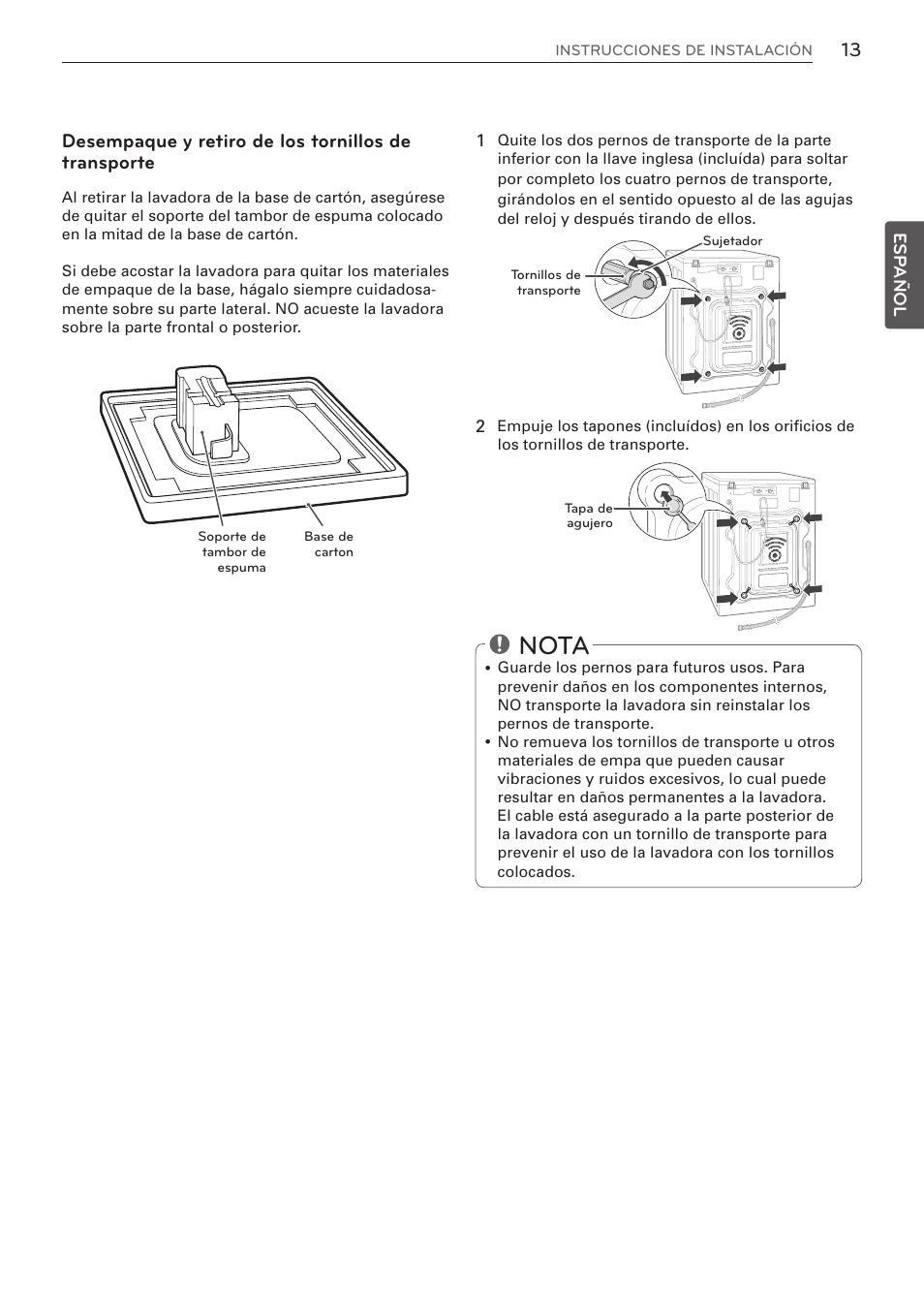 Nota, Desempaque y retiro de los tornillos de transporte | LG WM3570HVA User Manual | Page 61 / 96