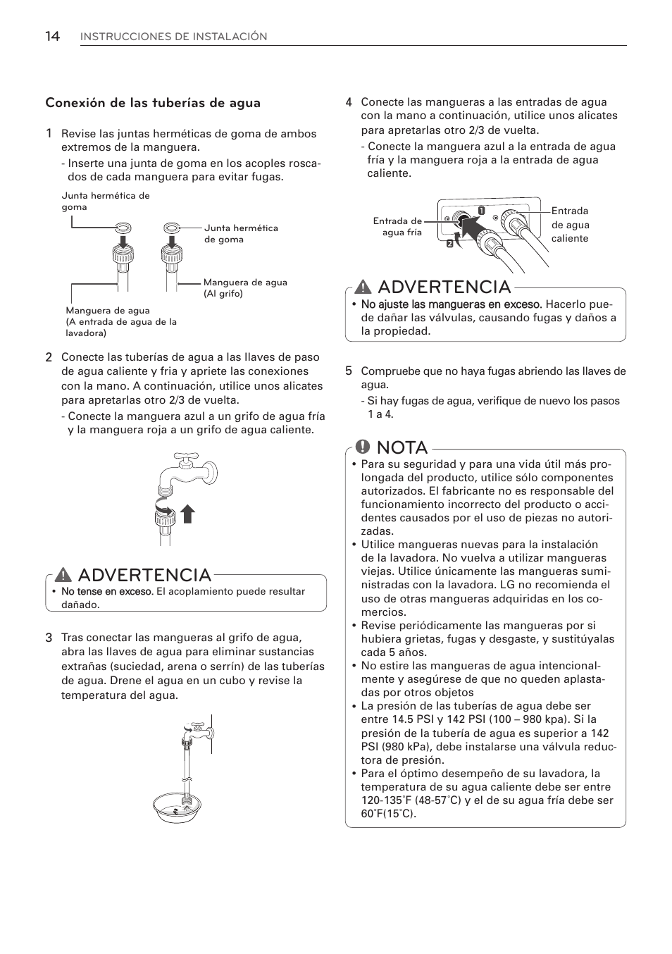 Advertencia, Nota, Conexión de las tuberías de agua | LG WM3570HVA User Manual | Page 62 / 96