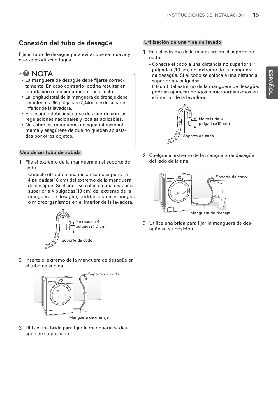 Nota, Conexión del tubo de desagüe | LG WM3570HVA User Manual | Page 63 / 96