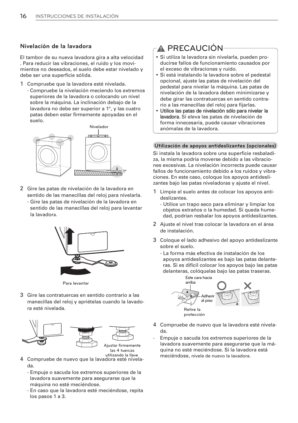 Precaución, Nivelación de la lavadora | LG WM3570HVA User Manual | Page 64 / 96