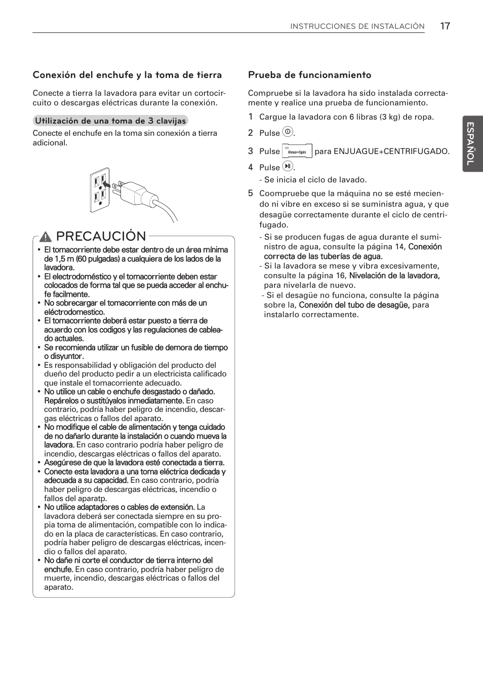 Precaución, Conexión del enchufe y la toma de tierra, Prueba de funcionamiento | LG WM3570HVA User Manual | Page 65 / 96