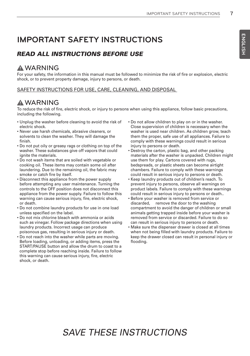 Save these instructions, Important safety instructions, Warning | Read all instructions before use | LG WM3570HVA User Manual | Page 7 / 96