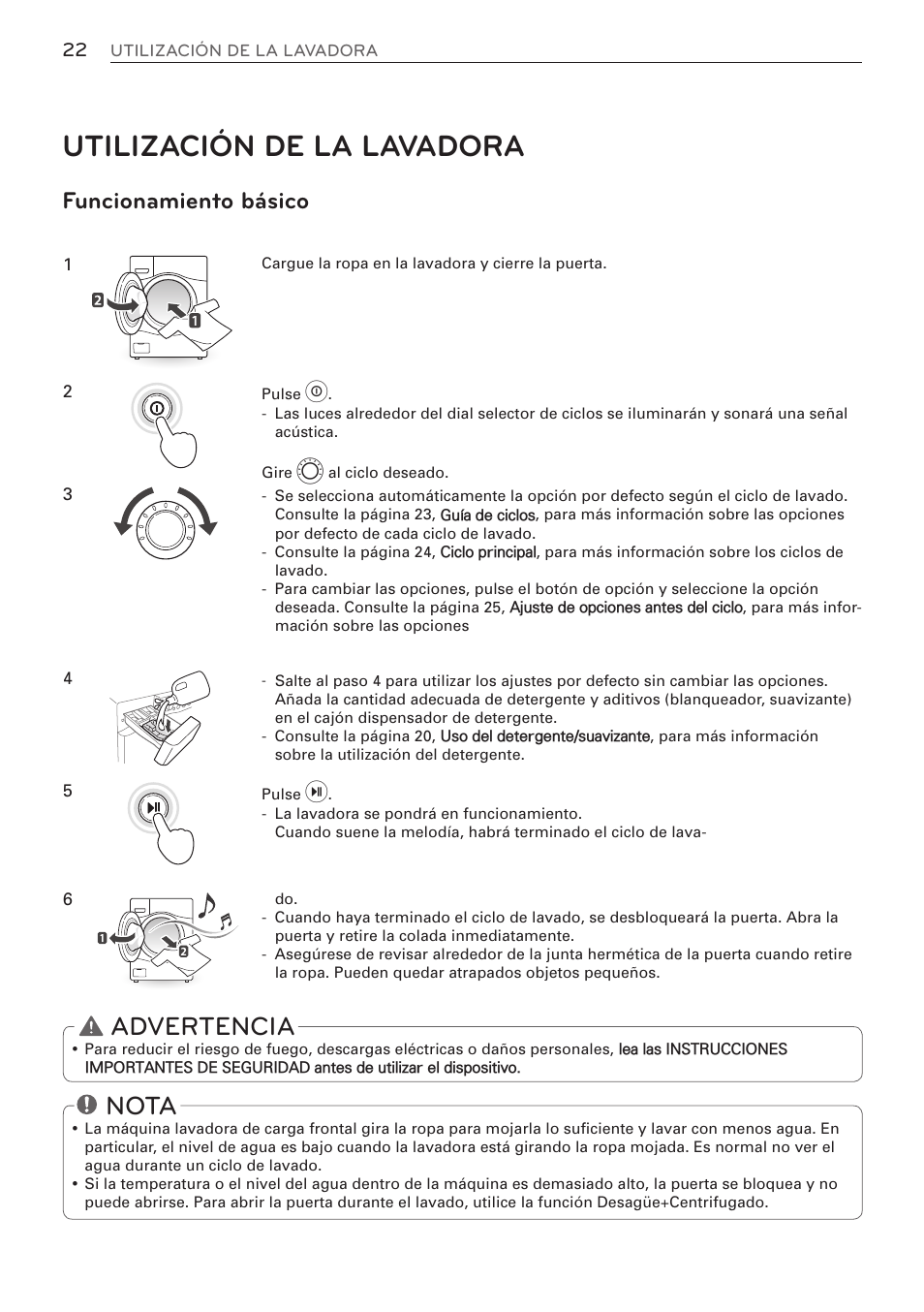 Utilización de la lavadora, Nota, Advertencia | Funcionamiento básico | LG WM3570HVA User Manual | Page 70 / 96