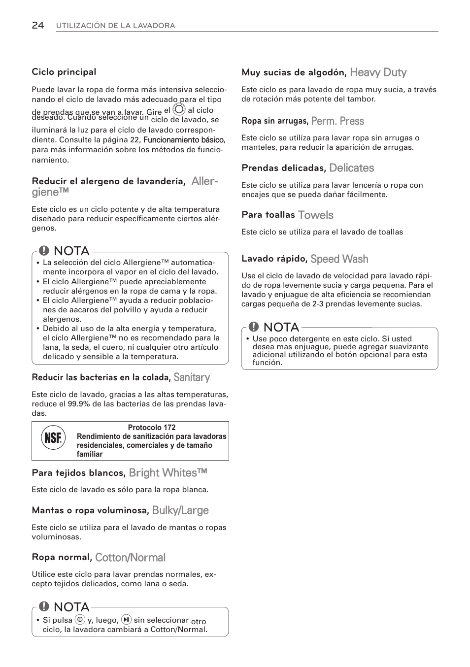 Nota, Heavy duty, Perm. press | Delicates, Towels, Speed wash, Aller- giene, Sanitary, Bright whites, Bulky/large | LG WM3570HVA User Manual | Page 72 / 96