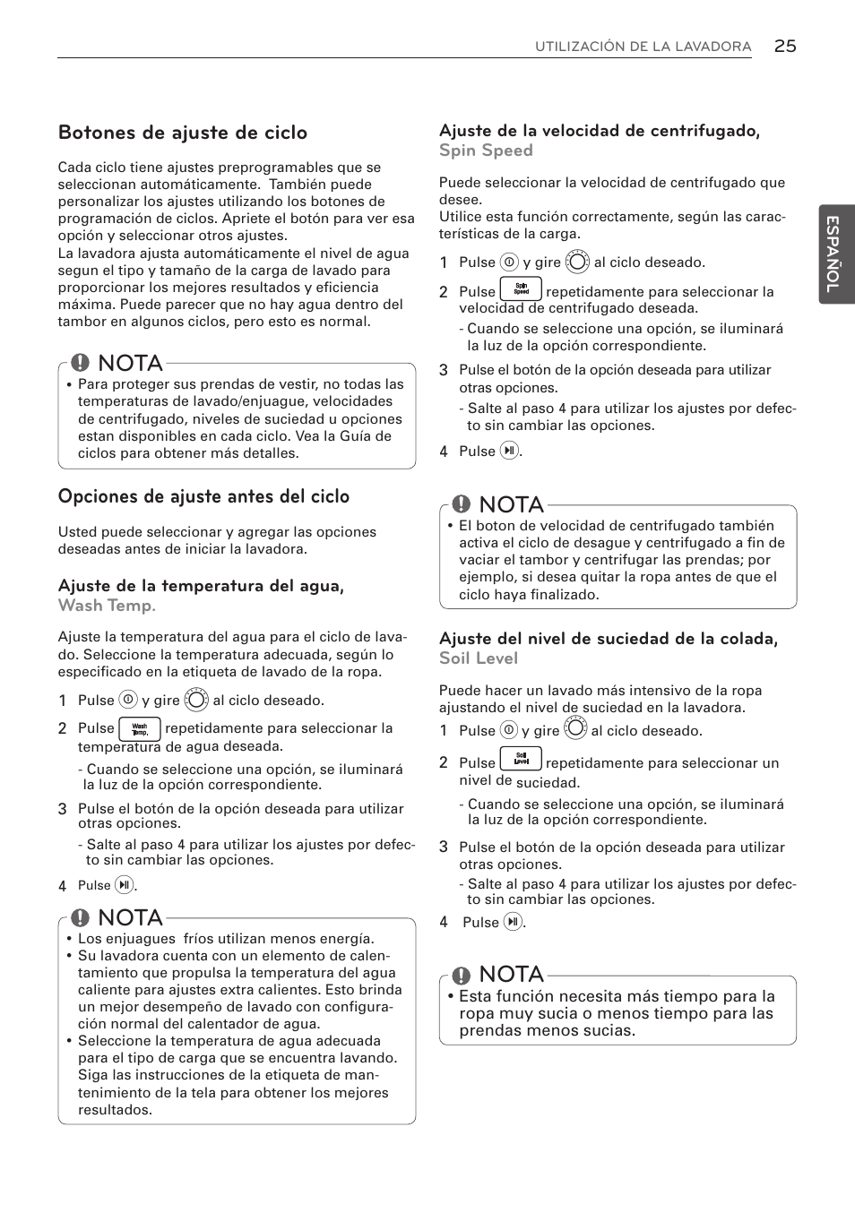 Nota, Botones de ajuste de ciclo, Opciones de ajuste antes del ciclo | LG WM3570HVA User Manual | Page 73 / 96