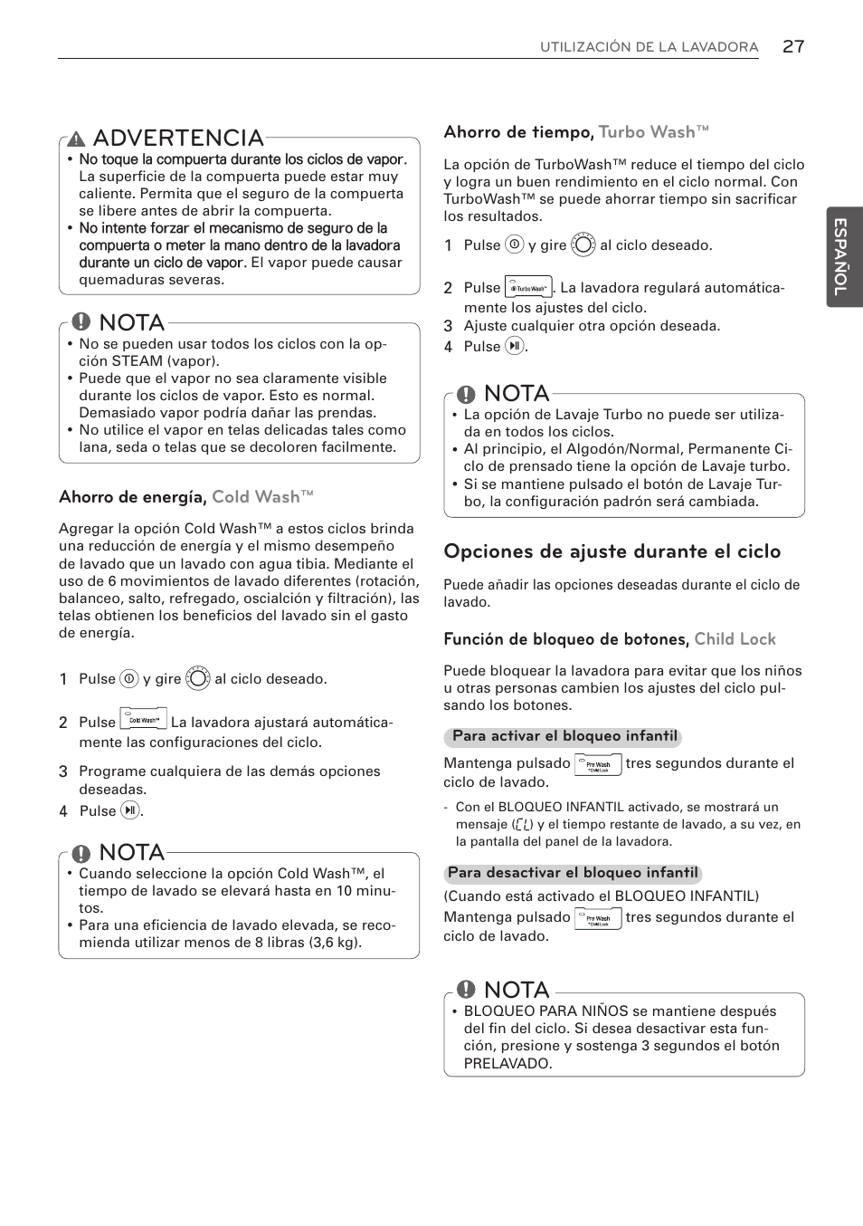 Advertencia, Nota, Opciones de ajuste durante el ciclo | Ahorro de energía, cold wash, Ahorro de tiempo, turbo wash, Función de bloqueo de botones, child lock | LG WM3570HVA User Manual | Page 75 / 96