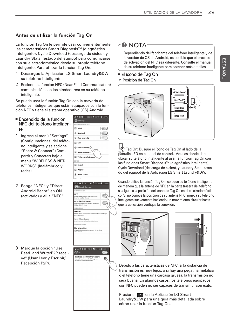 Nota, Antes de utilizar la función tag on | LG WM3570HVA User Manual | Page 77 / 96