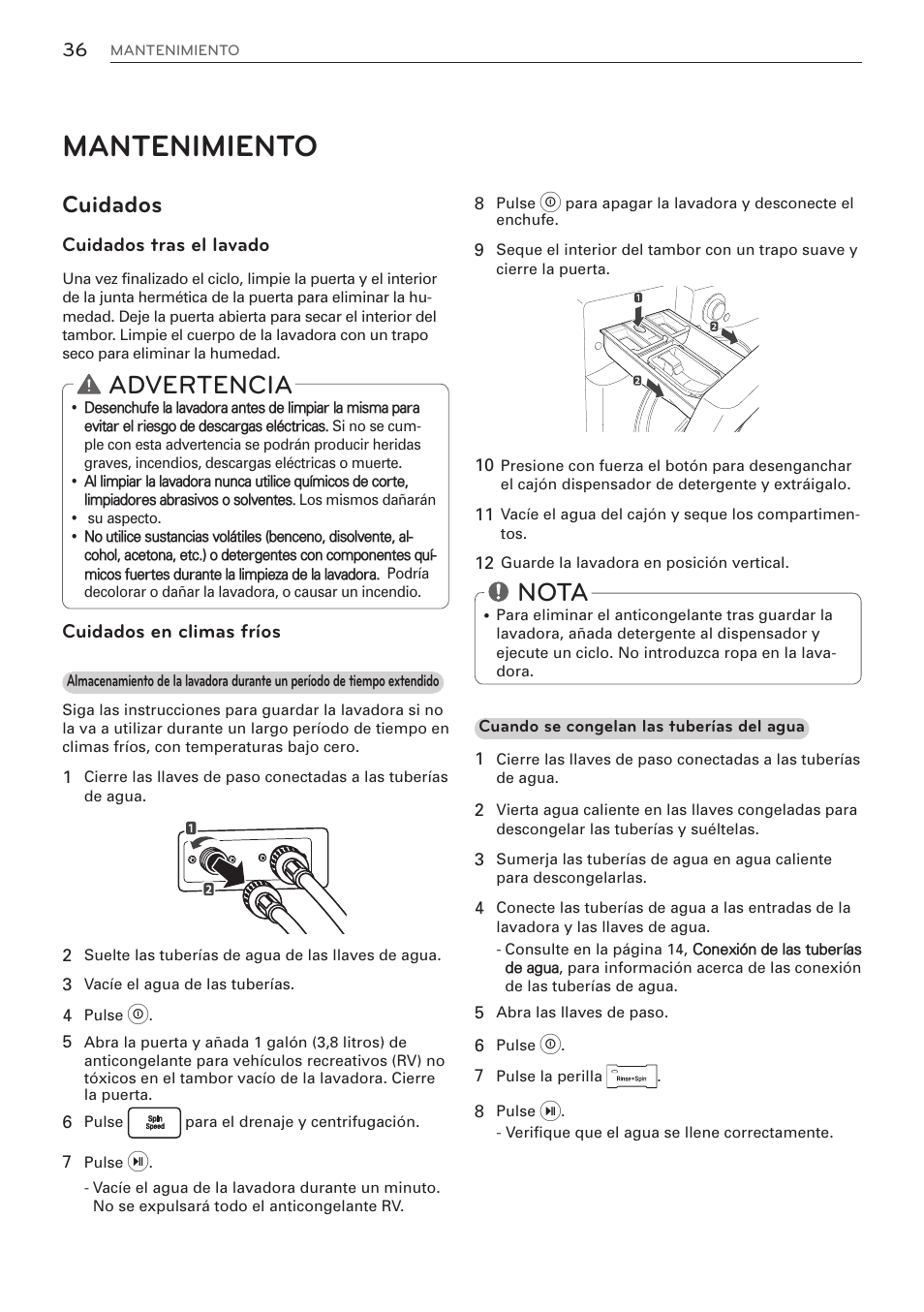Mantenimiento, Advertencia, Nota | Cuidados, Cuidados tras el lavado, Cuidados en climas fríos | LG WM3570HVA User Manual | Page 84 / 96