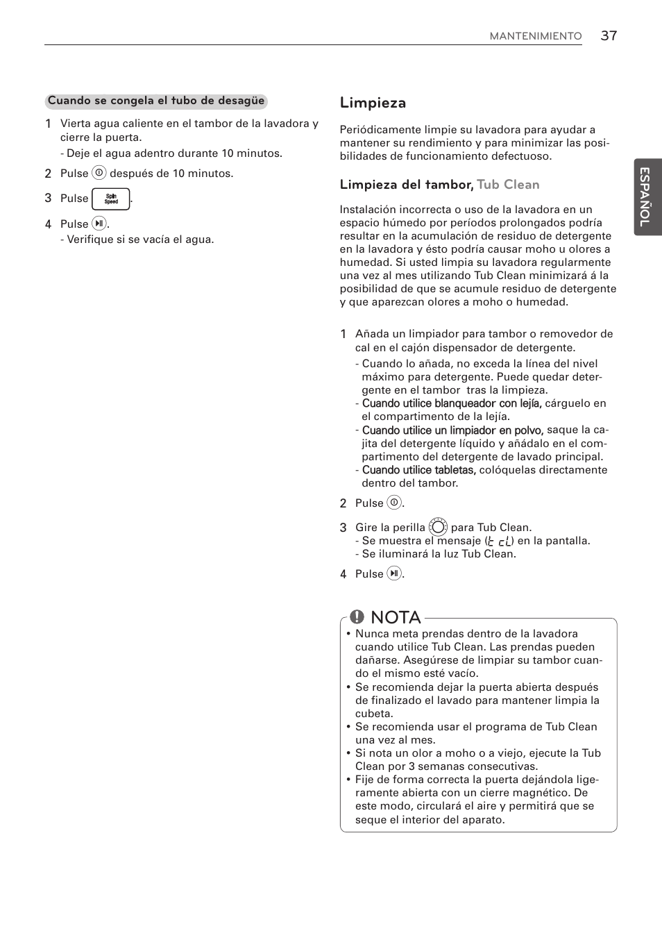 Nota, Limpieza, Limpieza del tambor, tub clean | LG WM3570HVA User Manual | Page 85 / 96