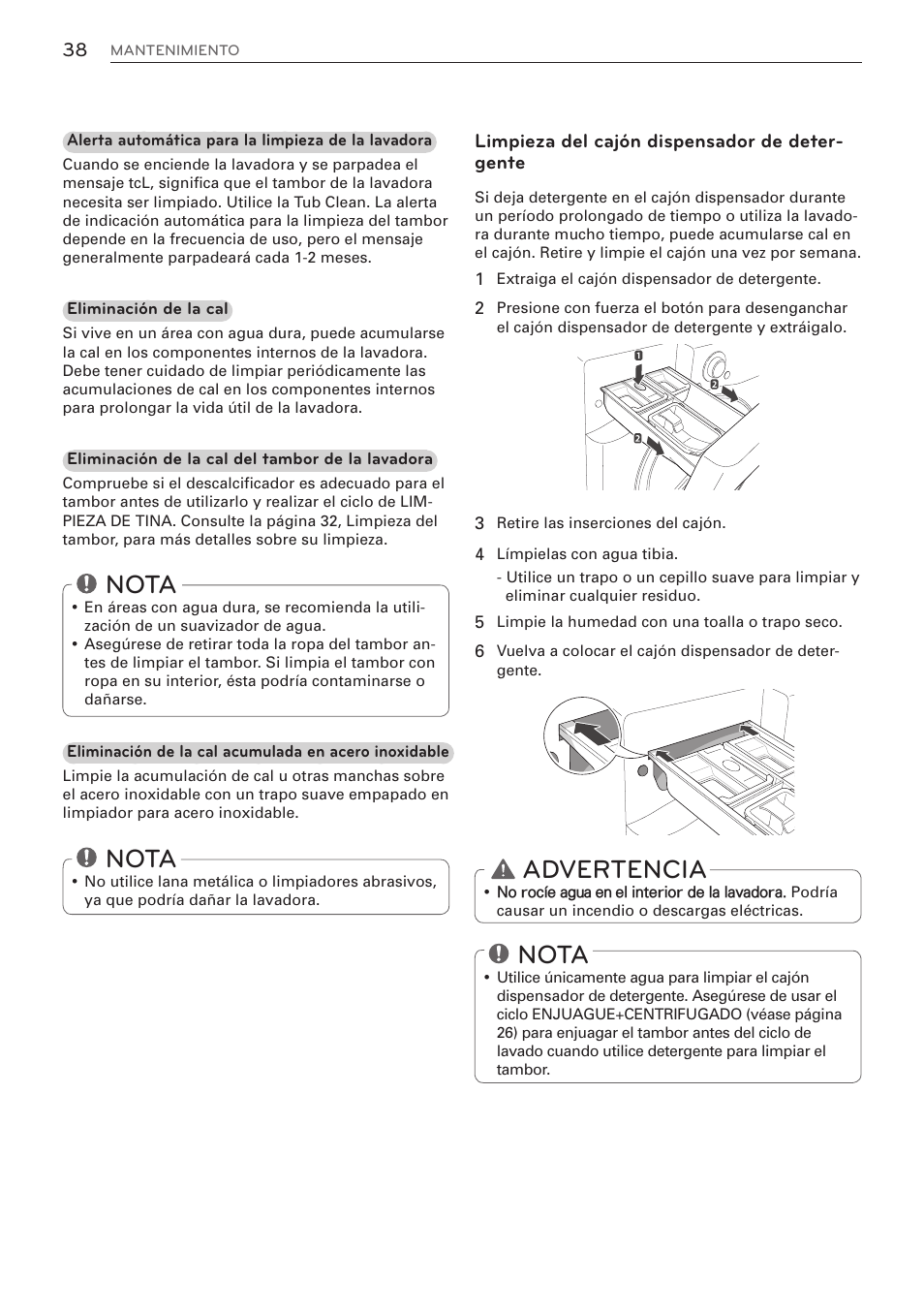 Nota, Advertencia, Limpieza del cajón dispensador de deter- gente | LG WM3570HVA User Manual | Page 86 / 96