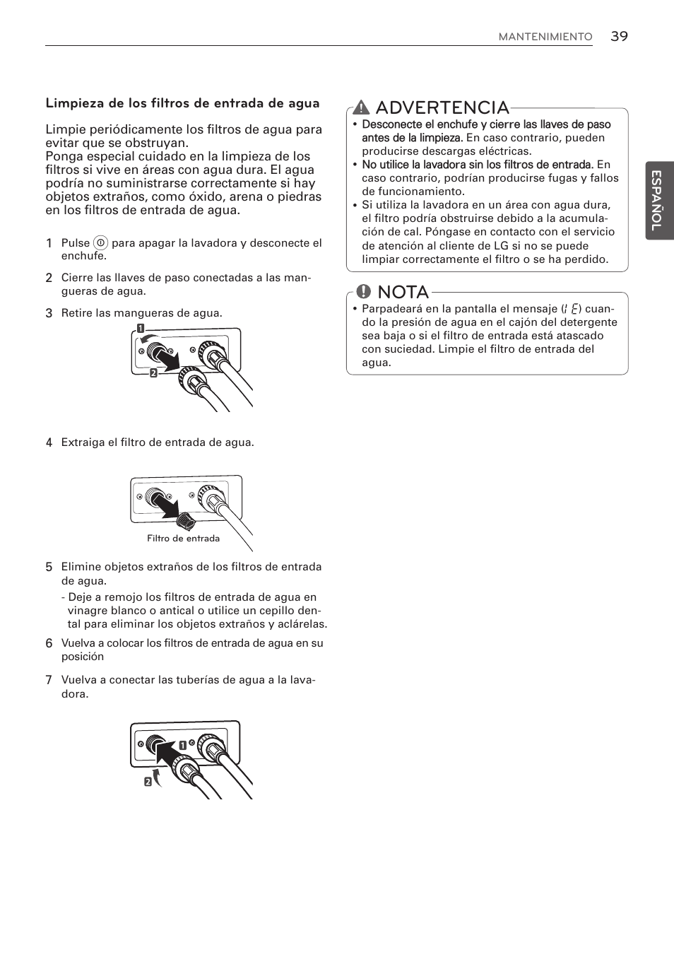 Advertencia, Nota, Limpieza de los filtros de entrada de agua | LG WM3570HVA User Manual | Page 87 / 96